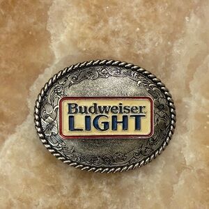 Vintage Budweiser Light Silver Belt Buckle with Red and Blue Accents
